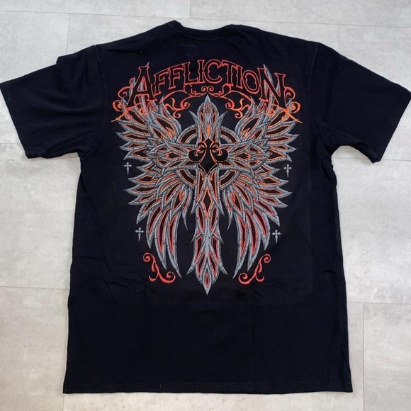 Affliction Dark Tee with Orange and Gray Winged Design - Picture 2 of 5